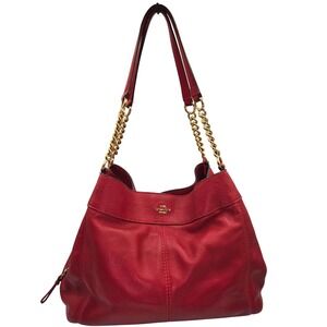 Coach Lexy Leather Shoulder Bag with Chain Straps Red Satchel Purse‎